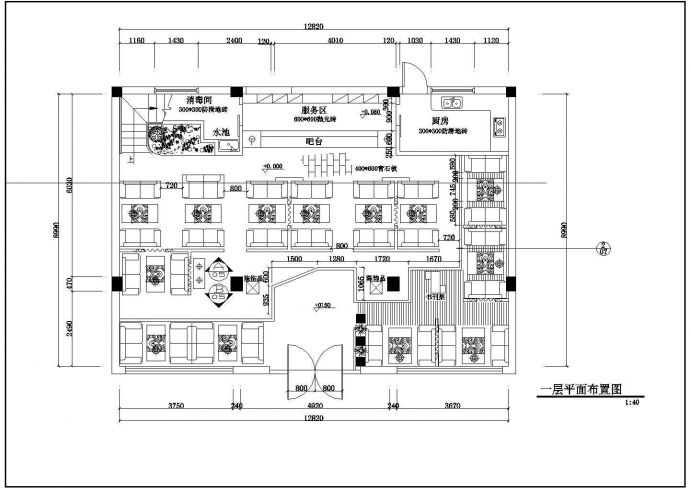 某韩式咖啡厅CAD装修设计施工平面图_图1