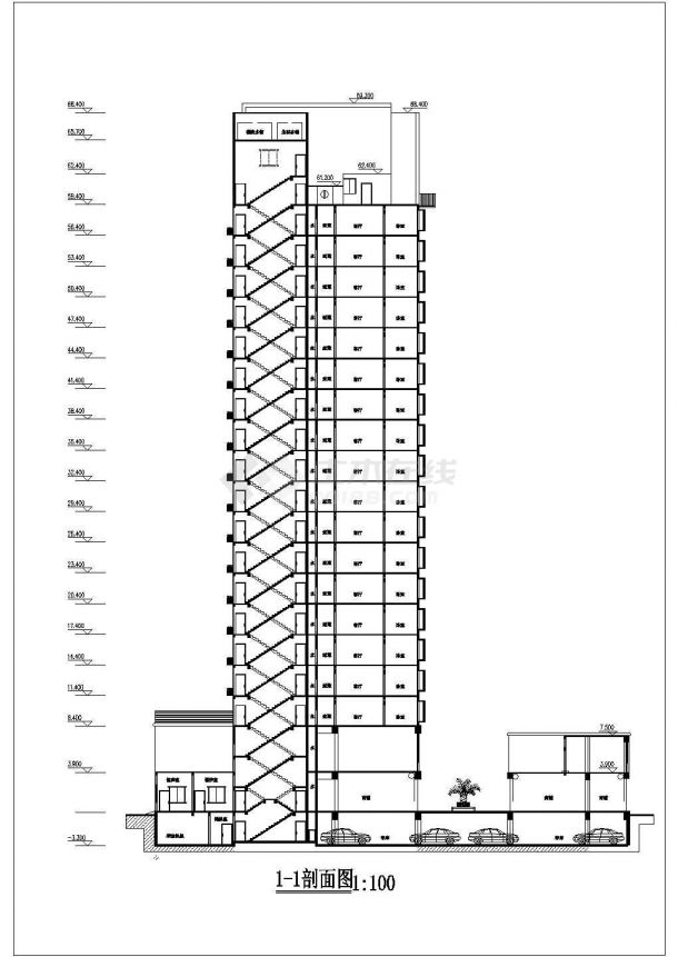 某大型20层框剪结构商住楼平立剖面设计CAD图纸（1-2层商用）-图二
