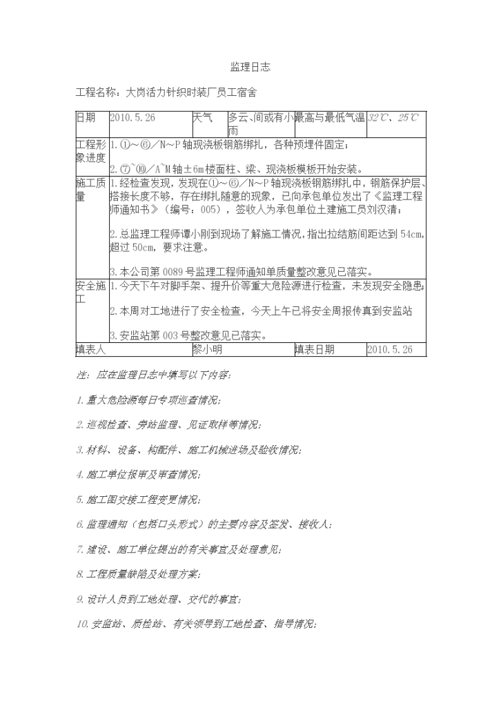 某工厂员工宿舍工程监理日志-图一