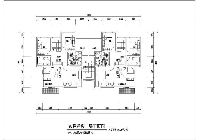 上海市某居住区4层砖混结构独栋住宅楼平面设计CAD图纸 （1梯2户）_图1