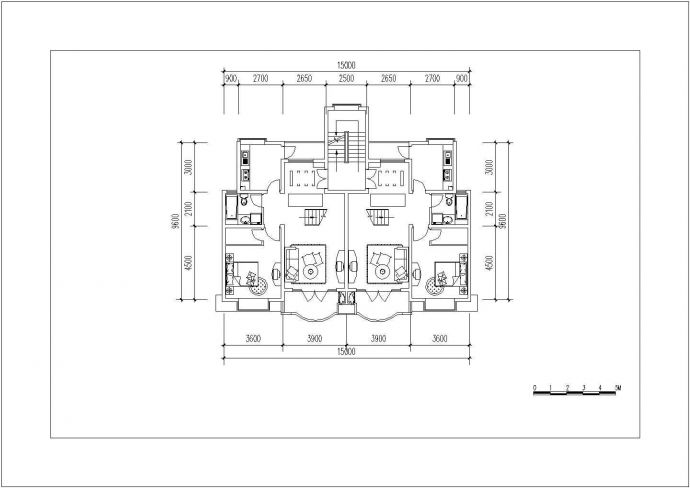 某小区1100平米五层砖混结构住宅楼平面设计CAD图纸（1层2户）_图1