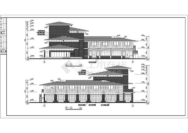 赣州市某现代化小区3层框架社区会所立剖面设计CAD图纸-图二