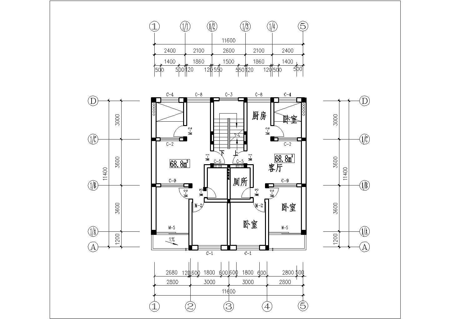 汉中市某在建小区90平米左右热门户型设计CAD图纸（4张）