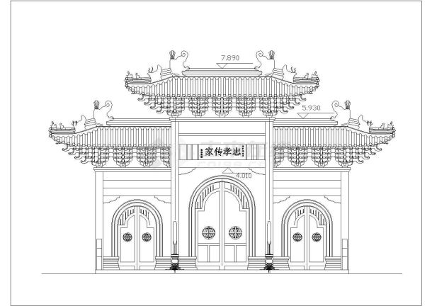 古建、三间牌坊正立面、侧立面-图一