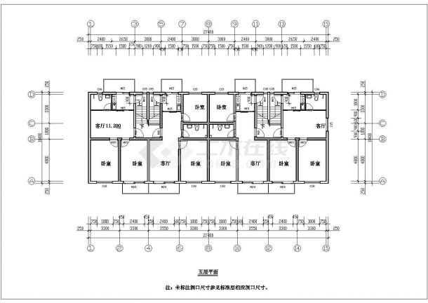 2600平米左右6层砖混结构住宅楼平立剖面设计CAD图纸（含阁楼）-图一
