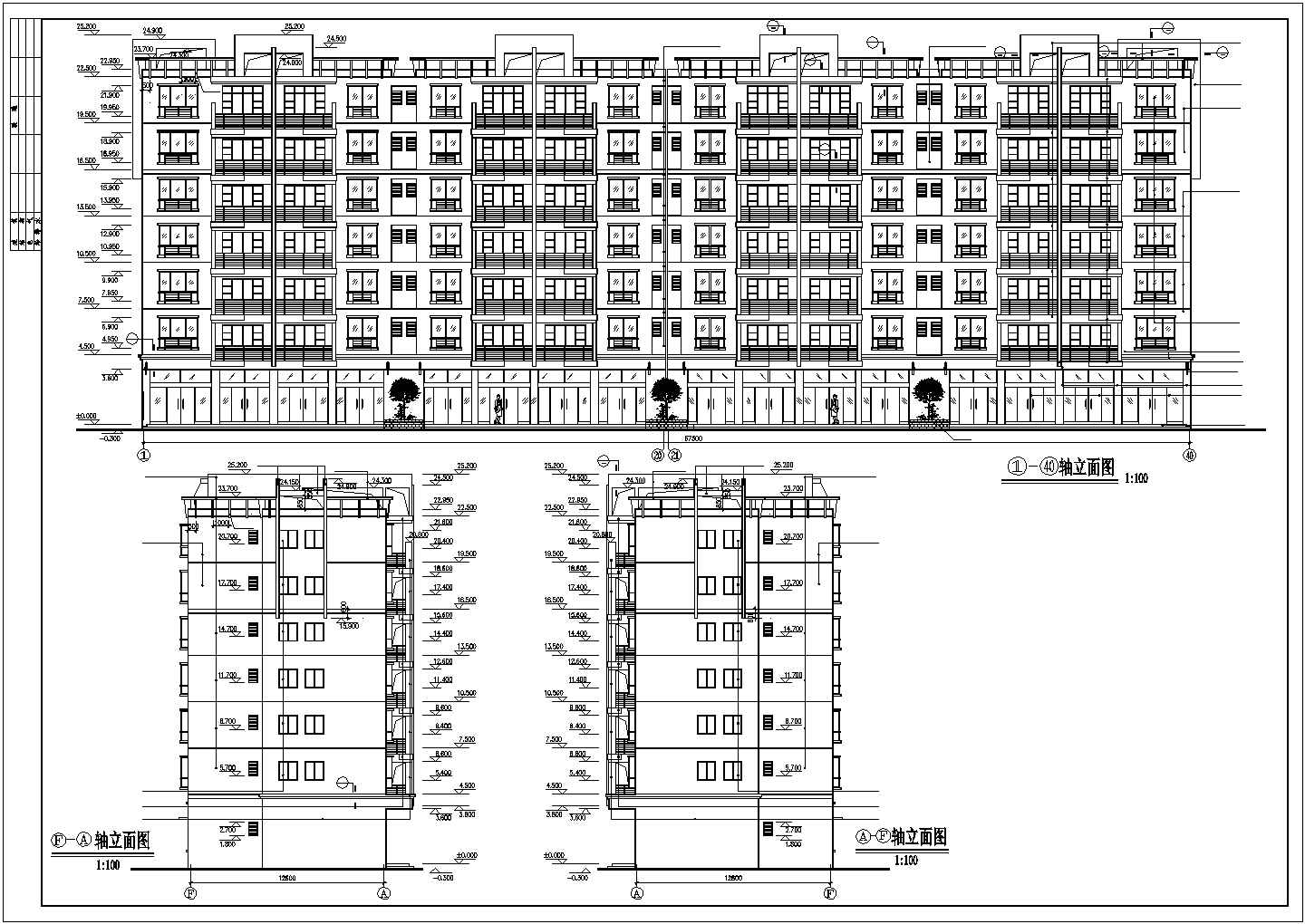 4300平米7层框混结构底商住宅楼平立剖面设计CAD图纸（底层商铺）