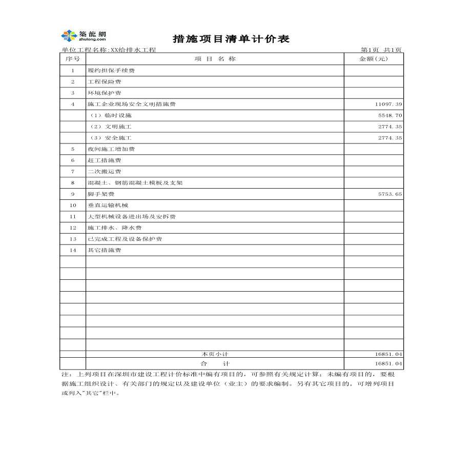 深圳市某工给排水程清单报价表