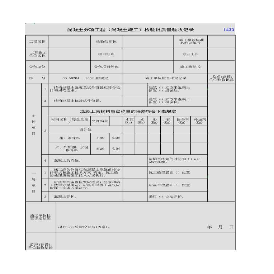 混凝土分项工程（混凝土施工）检验批质量验收记录