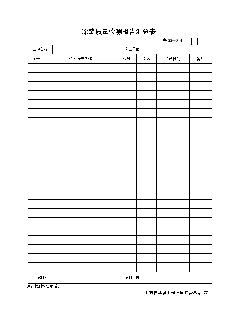 某工程涂装质量检测报告汇总表