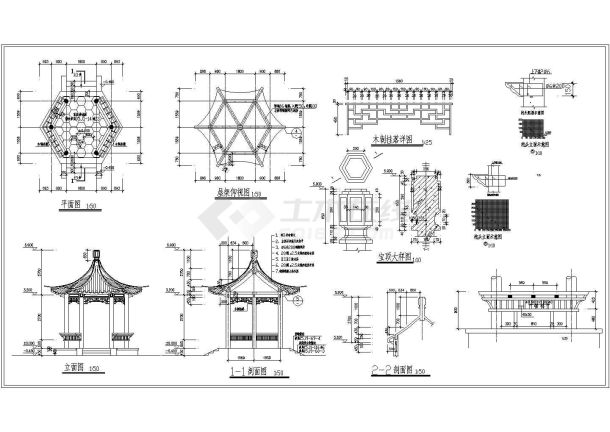 某中式古典风格六角亭设计cad全套建筑施工图-图一
