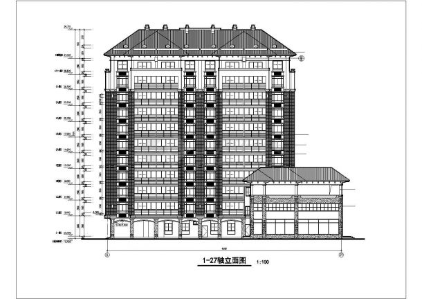 11+2层框架结构商住楼平立剖面设计CAD图纸（1-3层商用/含阁楼）-图一