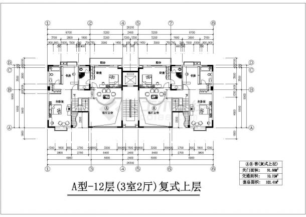 3100平米12层框架结构住宅楼平面设计CAD图纸（1层2户）-图一