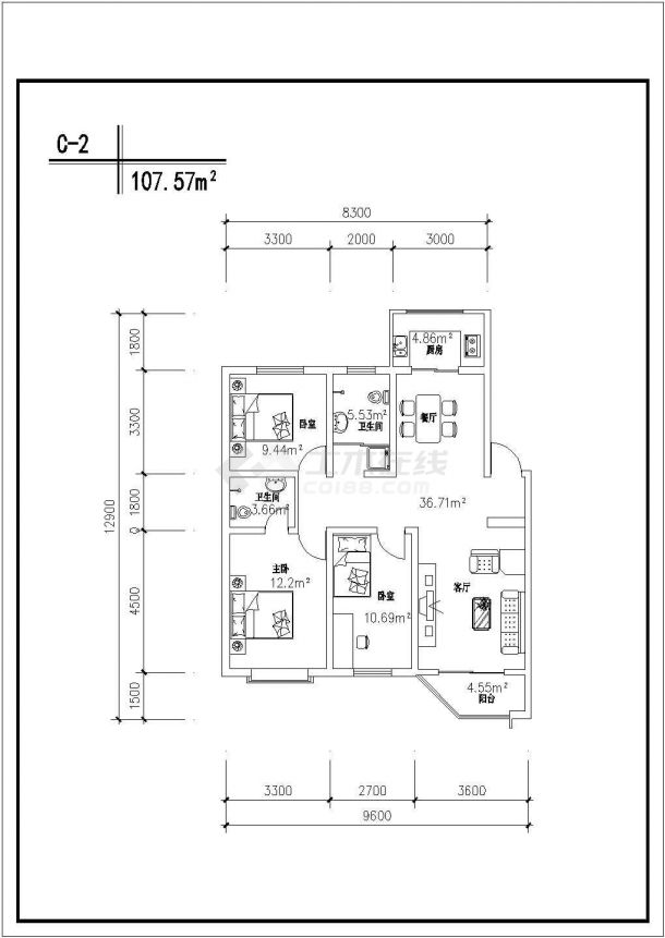 崇州市某小区110平米左右热门户型设计CAD图纸（18张）-图二