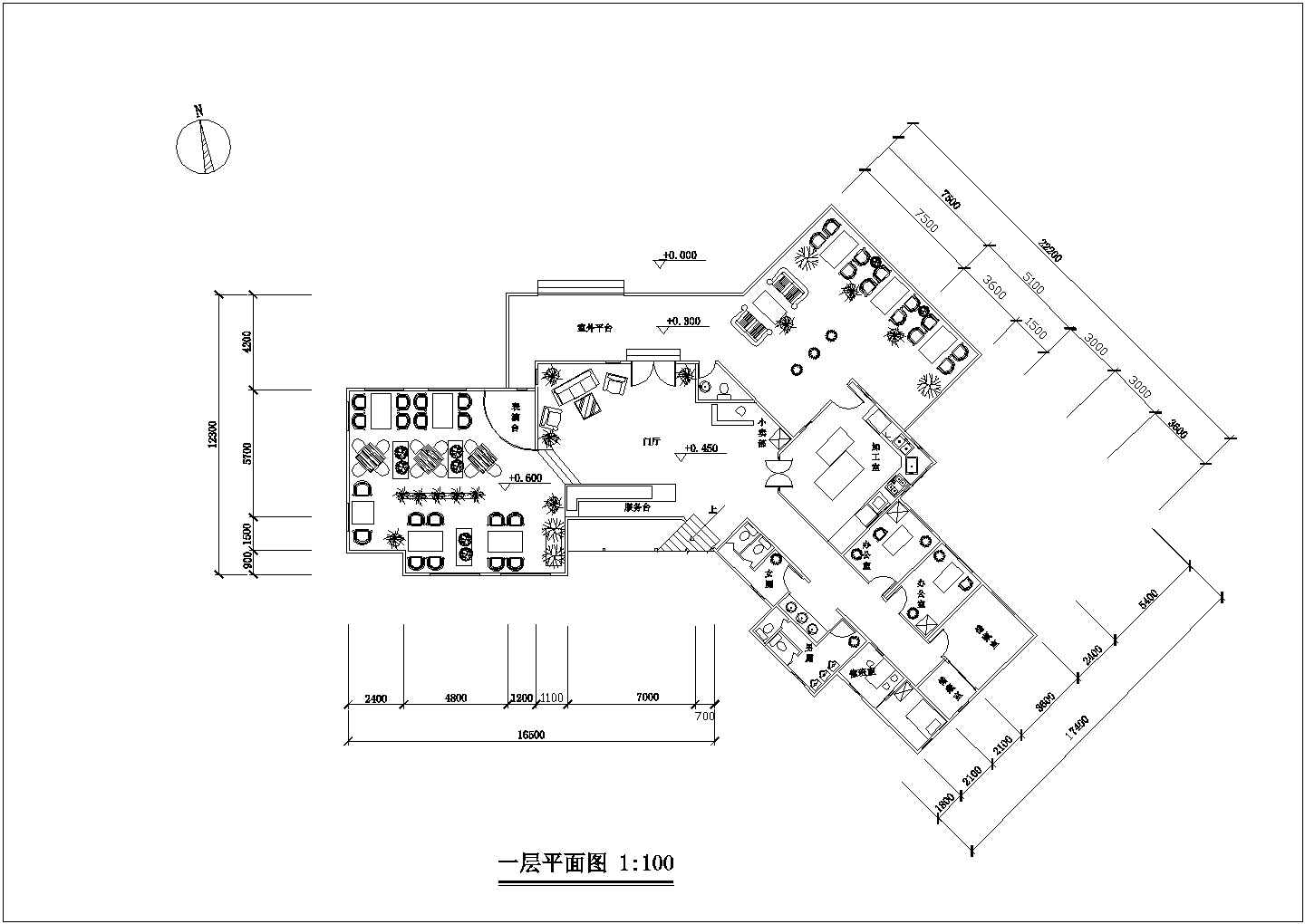 某长约30米 宽约15米 二层不规则中小型茶室建筑CAD设计方案平面图