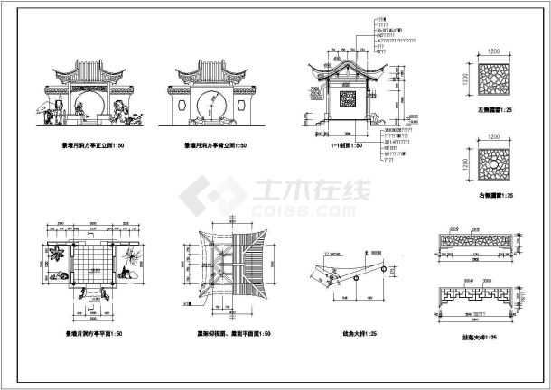 某古式亭子CAD节点详细平立面图-图二