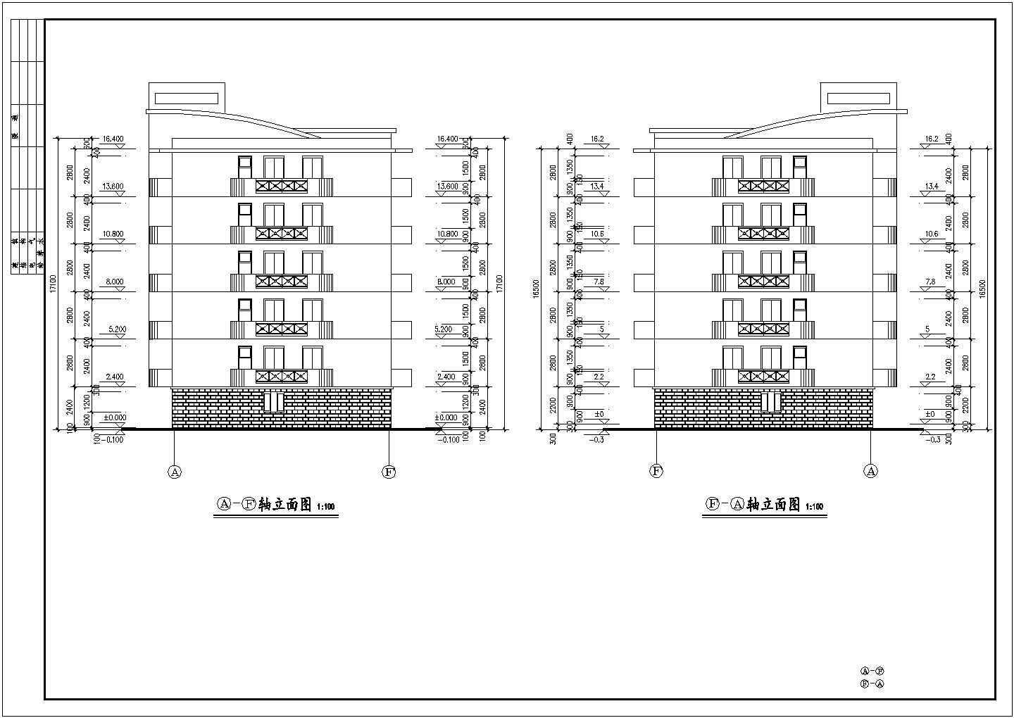 2850平米五层砖混结构住宅楼平立剖面设计CAD图纸（含半地下室）