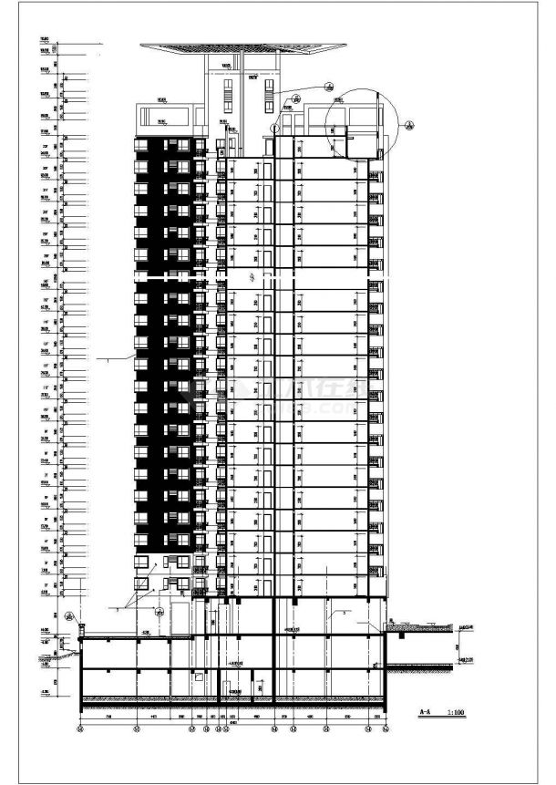 呼和浩特市某小区33+2层剪力墙结构住宅楼立剖面设计CAD图纸-图一