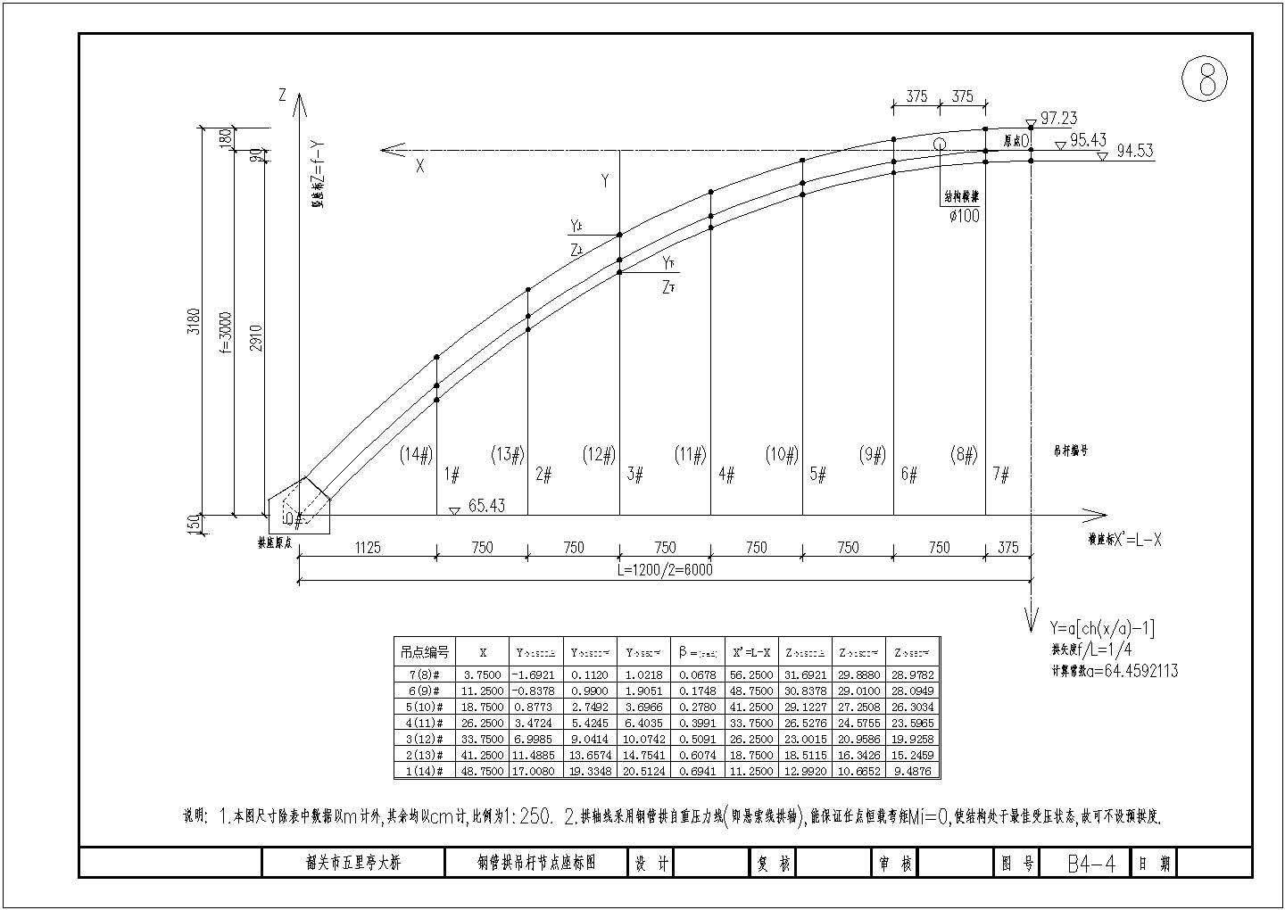 某35＋120＋35＝190m三跨钢管系杆拱桥吊点座标图CAD构造节点图