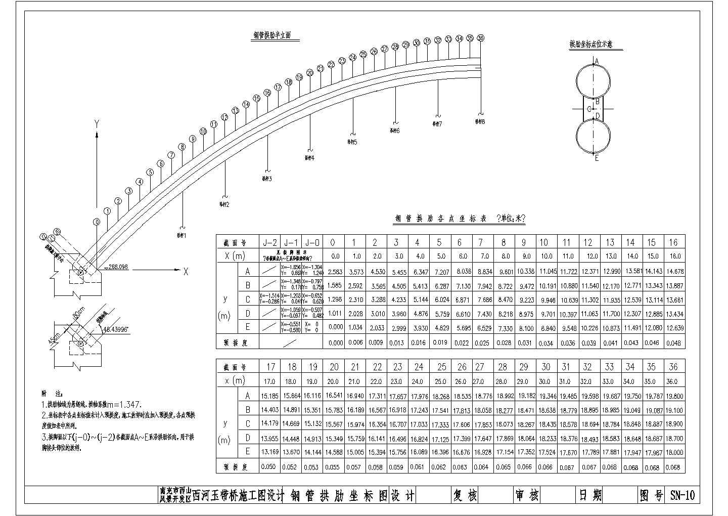 某河玉带桥1-72米中承式钢管拱拱肋坐标CAD构造平面设计图
