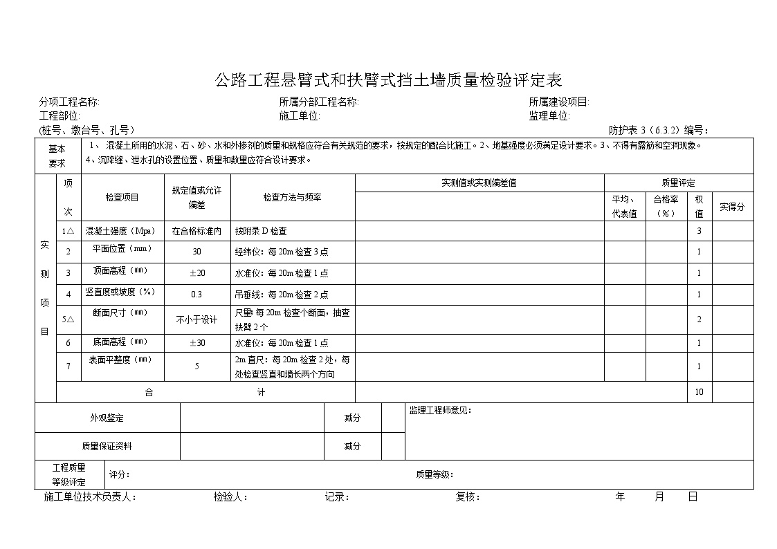 防护表3 公路工程悬臂式和扶臂式挡土墙质量检验评定表.doc-图一