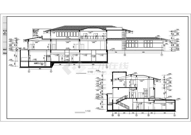 扬州市某小区52x24米左右2层框架结构商务会所平立剖面设计CAD图纸-图二