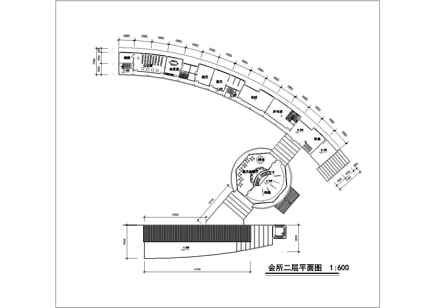淄博市某小区1200平米2层框混结构休闲会所平立剖面设计CAD图纸