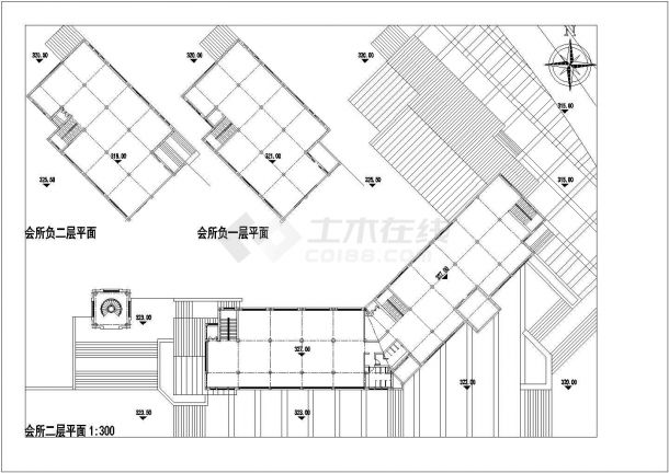 济南市某现代化小区3层混合结构休闲会所平立剖面设计CAD图纸-图二