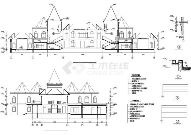 某幼儿园2100平米左右3层混合结构教学楼平立剖面设计CAD图纸-图一