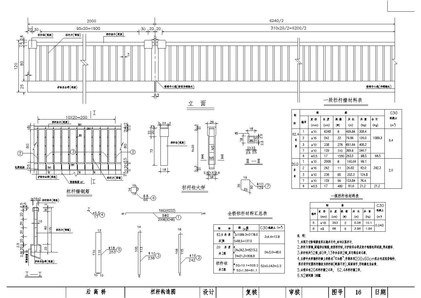 某跨径62m预应力混凝土简支桁架人行桥栏杆CAD节点详细构造图