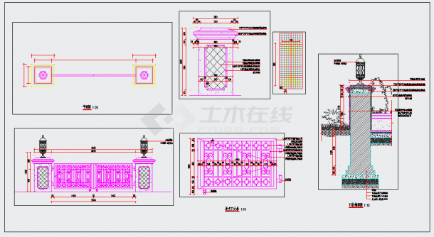 别墅入口法式铁艺大门灯柱入户门施工图详图  -图一