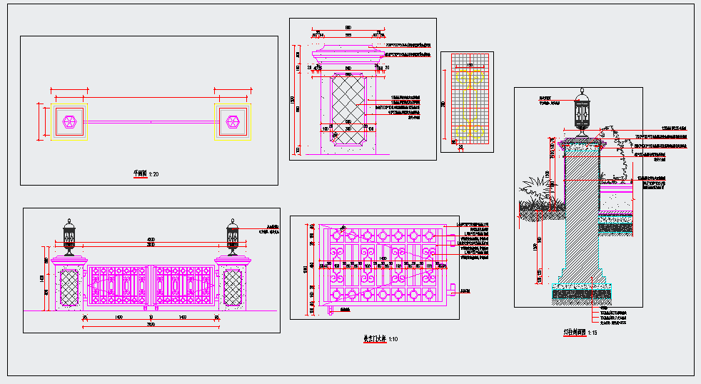 别墅入口法式铁艺大门灯柱入户门施工图详图  
