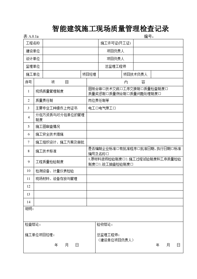 某智能建筑施工现场质量管理检查记录