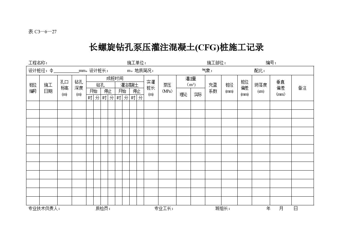 长螺旋钻孔泵压灌注混凝土(CFG)桩施工记录