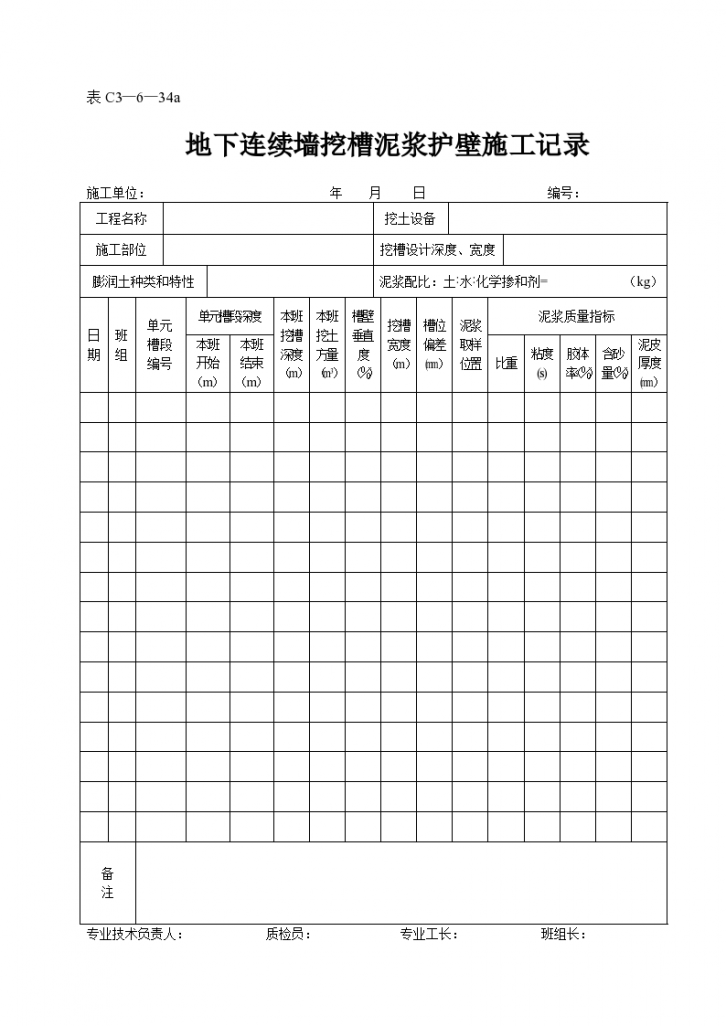 地下连续墙挖槽泥浆护壁施工记录表-图一