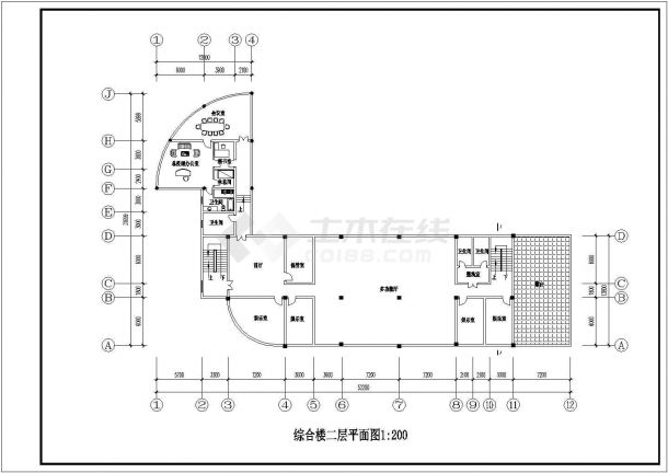 承德市某度假区2100平米3层休闲综合楼平立剖面设计CAD图纸-图二