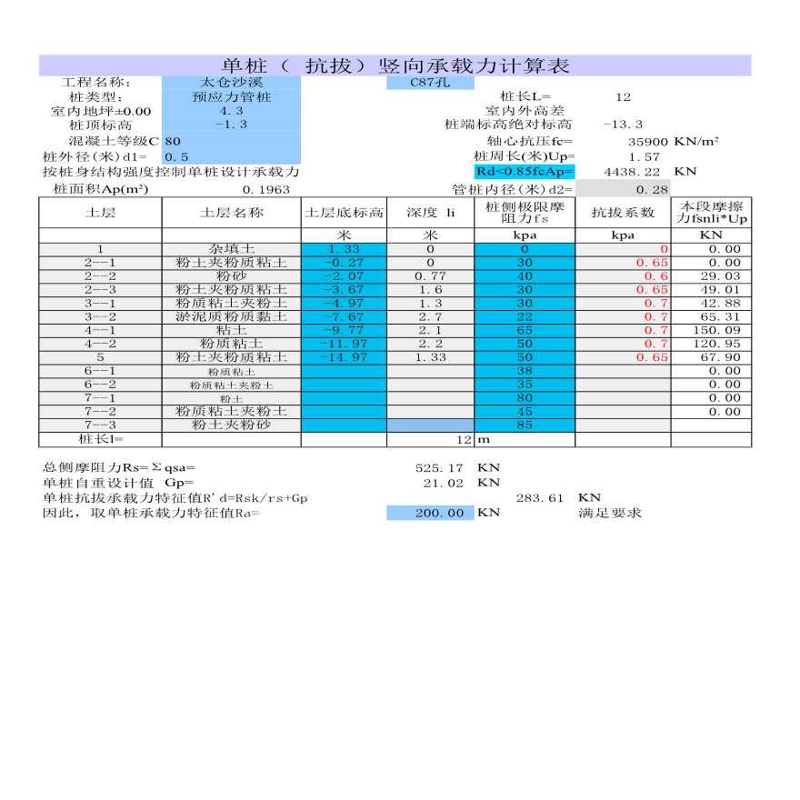 单桩抗拔承载力自动计算表格Excel-图一