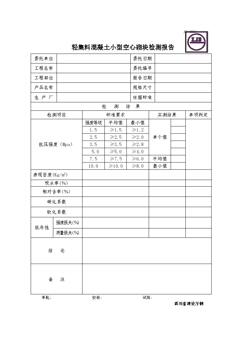 某轻集料混凝土小型空心砌块检测报告