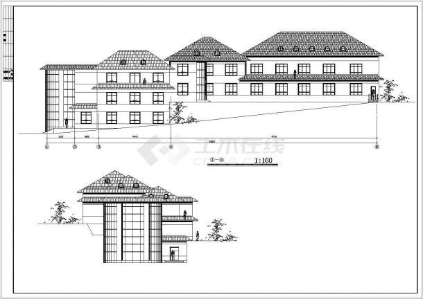 2300平米2层框混结构民宿酒店平立剖面设计CAD图纸（含地下层）-图一
