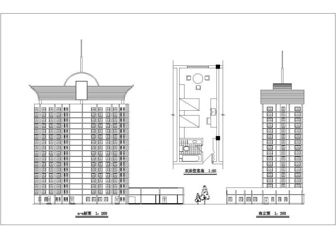 1.2万平米16层框架结构商务酒店 平立剖面设计CAD图纸_图1