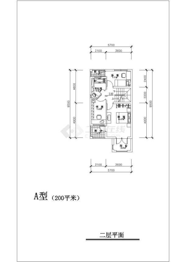 某带夹层联排别墅户型方案设计CAD图纸-图二