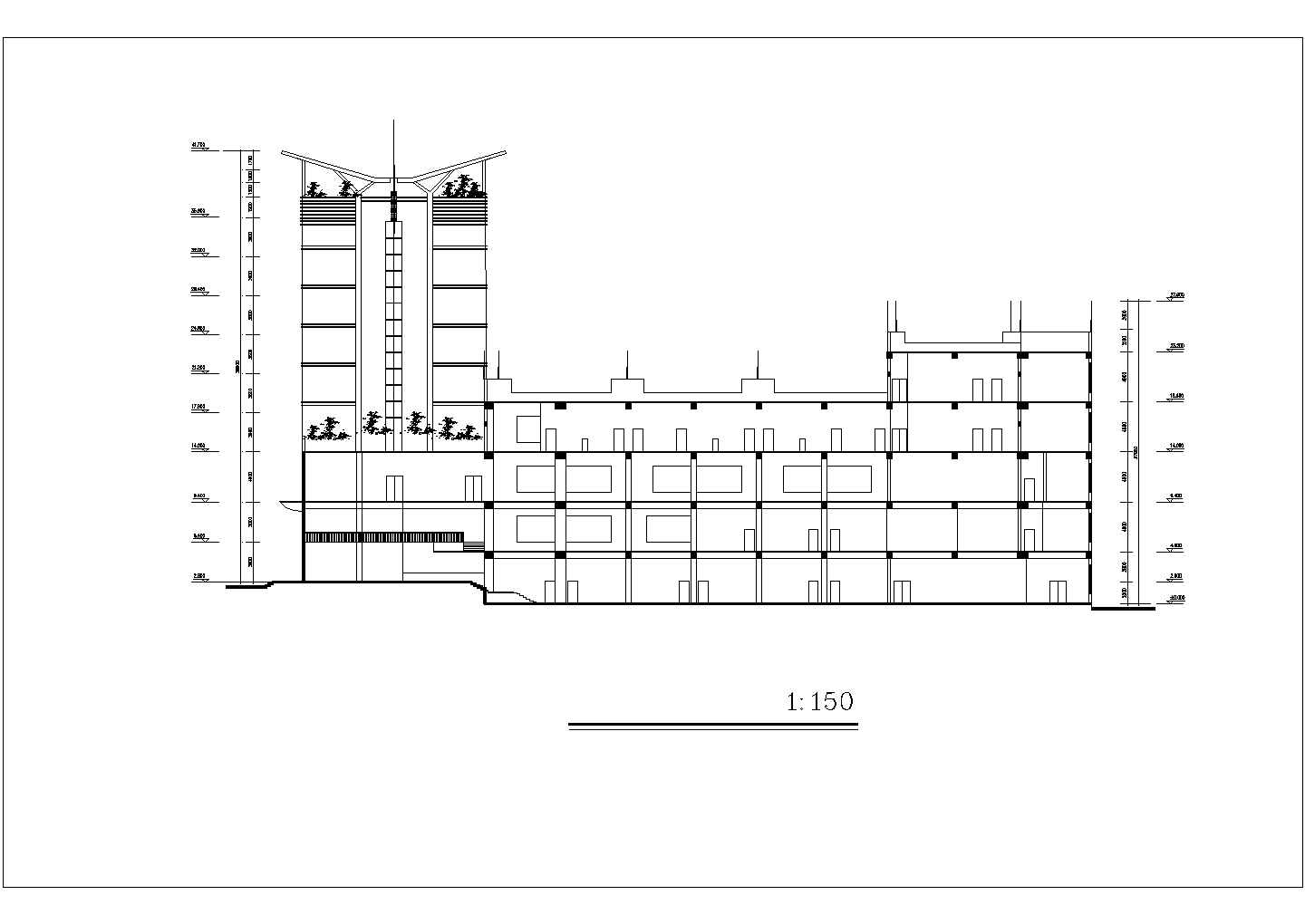 7200平米八层框架结构商务酒店平立剖面设计CAD图纸