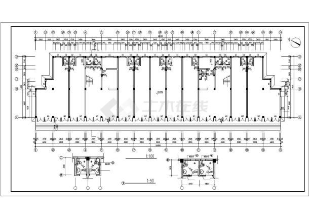 2100平米左右3层框混结构高档宾馆全套建筑设计CAD图纸（底层商铺）-图二