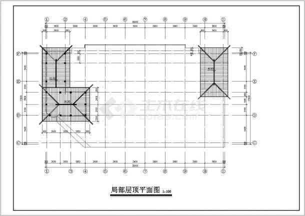 8900平米3层框架结构商务酒店平立剖面设计CAD图纸（含水箱层）-图一