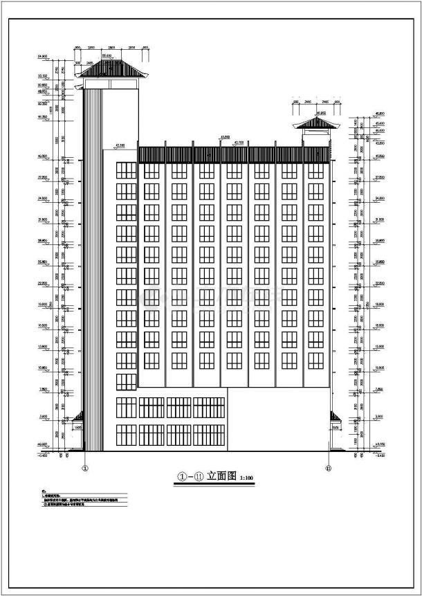 8900平米3层框架结构商务酒店平立剖面设计CAD图纸（含水箱层）-图二