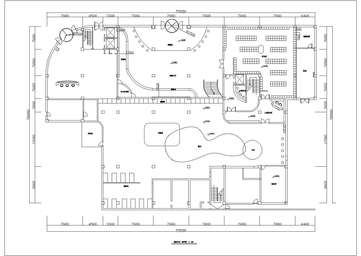 北京海淀区某商业街2100平米3层商务洗浴中心平面设计CAD图纸