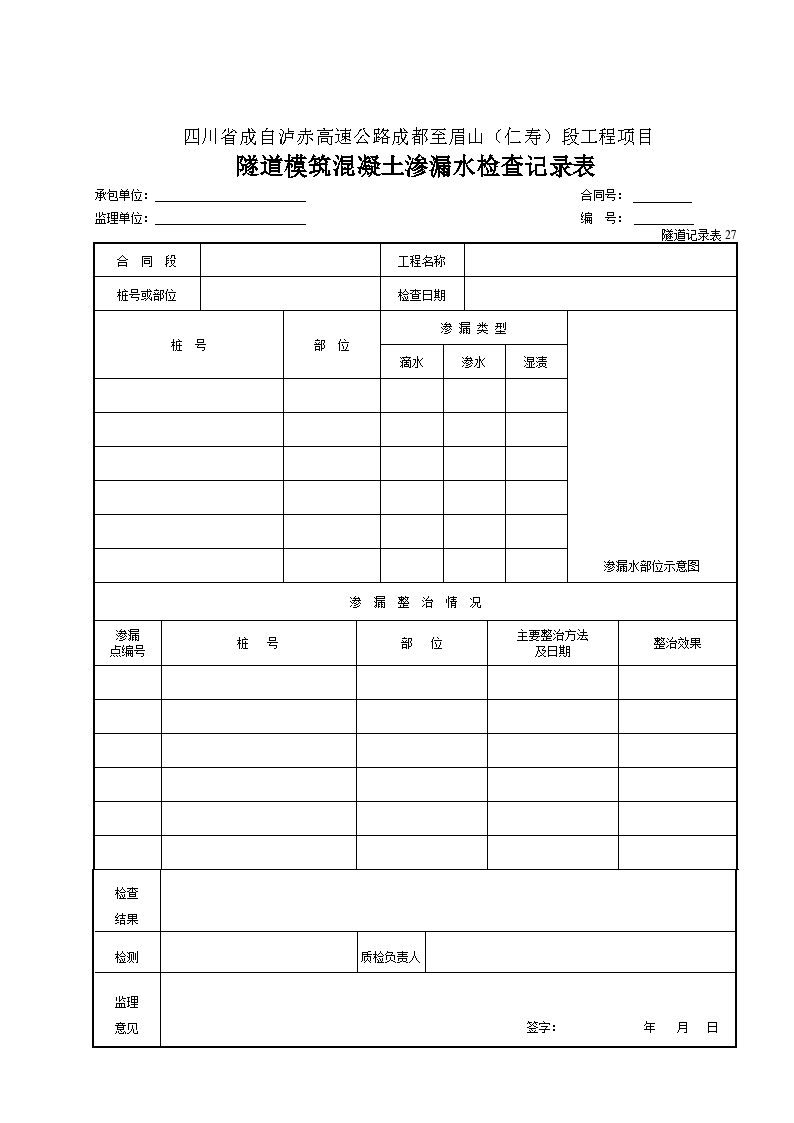 某隧道模筑混凝土渗漏水检查表