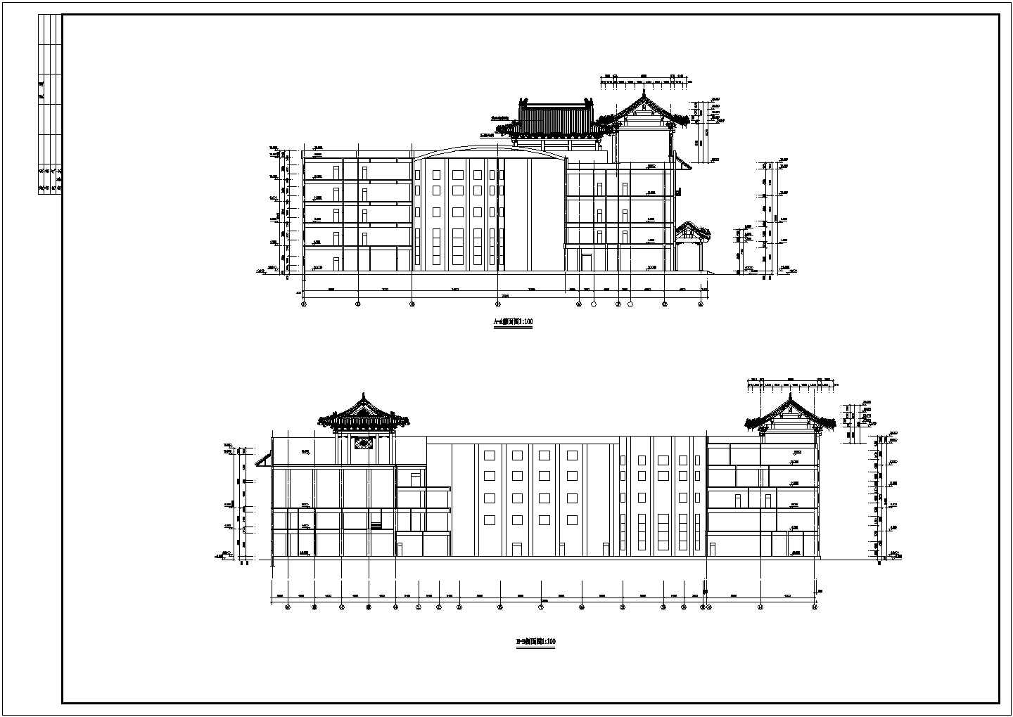 济南市某商业街五层框架结构商务大酒店立剖面设计CAD图纸