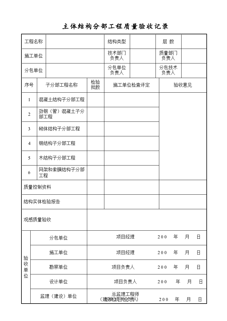 主体结构分部工程质量验收记录一