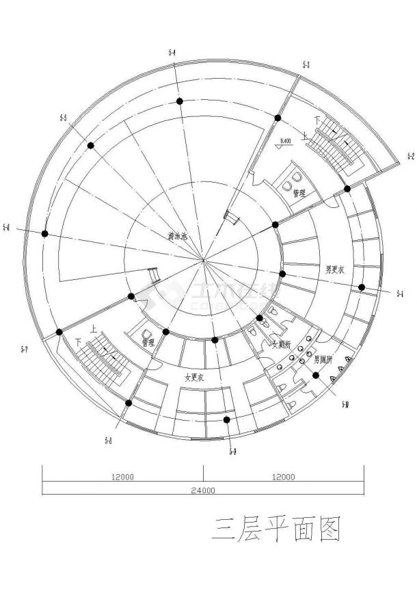 长沙市某现代化小区3层圆形框架结构社区会所平面设计CAD图纸-图二