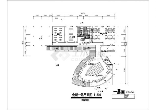 1470平米2层框混结构休闲会所平立剖面设计CAD图纸-图一